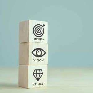 Mission, vision and values of company. Purpose business concept. The wooden cube with mission, vision and values symbols on grey background, copy space. Modern stacking design. Business presentation.