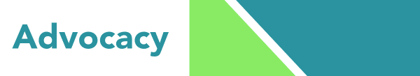 Text Advocacy in bold teal letters on a white background, with a green vertical stripe and teal geometric shapes on the right side.