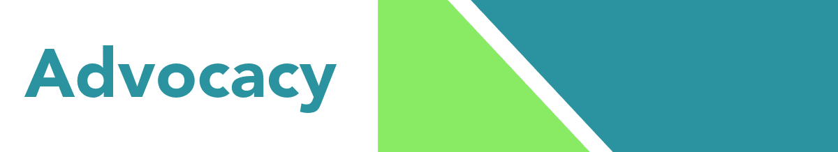 Text Advocacy in bold teal letters on a white background, with a green vertical stripe and teal geometric shapes on the right side.