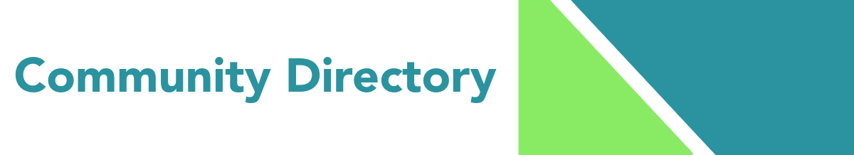 Text Community Directory in bold teal font on a white background, with a green and teal geometric design on the right side.