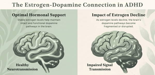 Infographic titled The Estrogen-Dopamine Connection in ADHD showing two illustrated brains. Left side: Optimal Hormonal Support with healthy neurotransmission. Right side: Impact of Estrogen Decline with impaired signal transmission.