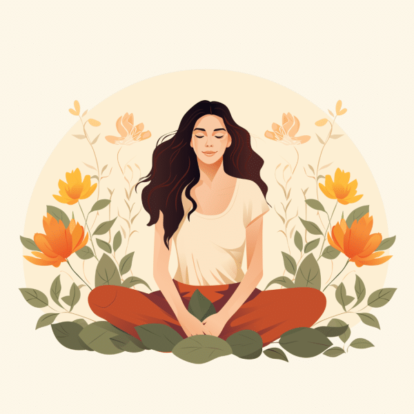 A woman with long dark hair sits cross-legged, eyes closed, meditating among yellow and orange flowers and green leaves—a serene moment that embodies women’s health—surrounded by a soft, light background.