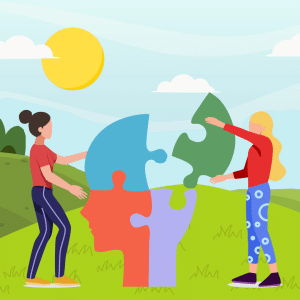 Two girls outdoors fit oversized puzzle pieces together, forming a colorful human head silhouette—an uplifting scene symbolizing women’s health against a sunny, grassy landscape with blue skies and scattered clouds.