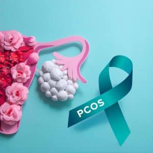 A teal ribbon labeled PCOS is next to an artistic representation of ovaries, with one ovary decorated with white cotton balls and pink flowers, symbolizing women’s health and polycystic ovary syndrome awareness.