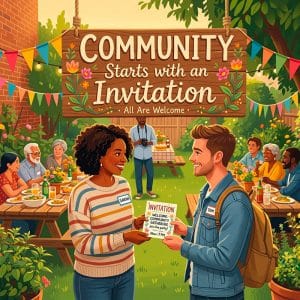A diverse group gathers for an outdoor potluck under a sign reading Community Starts with an Invitation. Two people smile and exchange an invitation, while others eat and chat at decorated picnic tables.