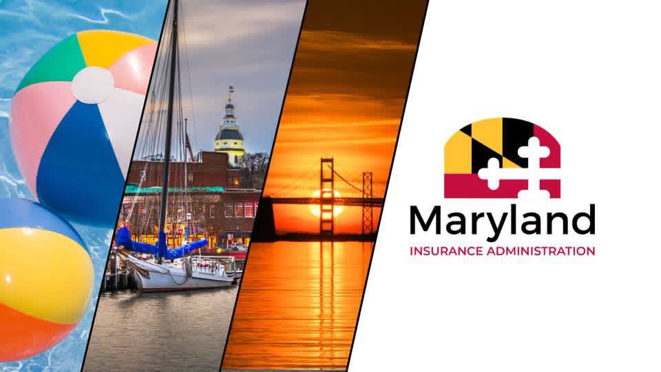 Three vertical panels show a beach ball in a pool, boats at a dock with a historic building, and a sunset behind a bridge, next to the Maryland Insurance Administration logo on a white background.