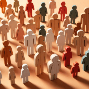 Wooden figures of various sizes and colors representing people are arranged on a softly lit surface, casting long shadows. The figures stand together in groups, symbolizing diversity and community.