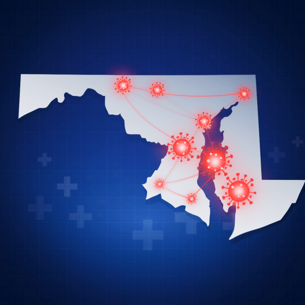 A map of Maryland with red virus icons connected by lines, symbolizing the spread of illness across different regions of the state, on a blue background with faint medical crosses.