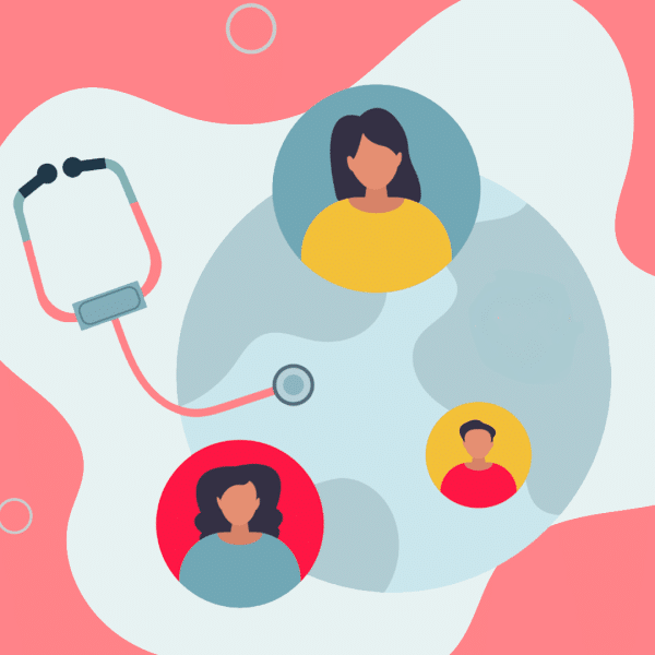 Illustration of a stethoscope and three diverse people’s avatars on colored circles, set against a pink and white abstract background with the faint outline of a globe.