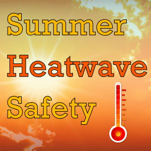 Text Summer Heatwave Safety over a bright sun with clouds. A thermometer with a sun icon shows high temperature, emphasizing heatwave safety awareness.