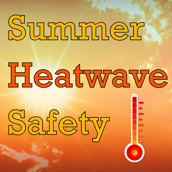 Text Summer Heatwave Safety over a bright sun with clouds. A thermometer with a sun icon shows high temperature, emphasizing heatwave safety awareness.