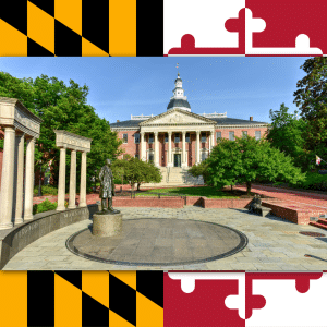 The Maryland State House with statues and pillars in front, overlaid on the Maryland state flag background.