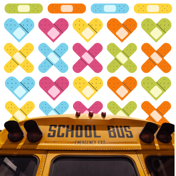 Colorful bandage shapes in hearts and Xs form a pattern above the roof of a yellow school bus showing the words SCHOOL BUS and EMERGENCY EXIT..