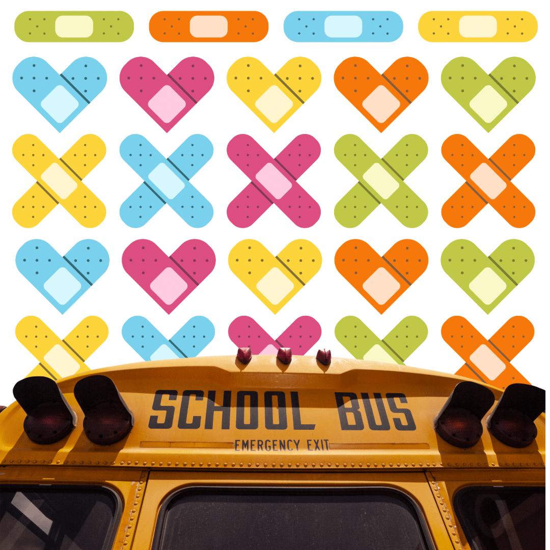 Colorful bandages arranged in heart and X shapes fill the background above a yellow school bus with SCHOOL BUS and EMERGENCY EXIT visible on its front.