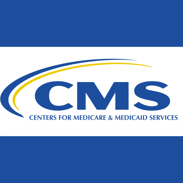 CMS logo featuring CMS in large blue letters with a yellow and blue swoosh above, and Centers for Medicare & Medicaid Services written below, on a white background bordered by blue.