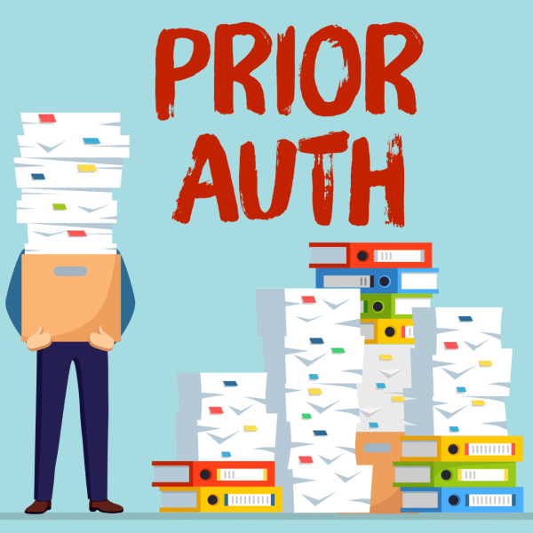 Cartoon person holding a tall stack of papers next to piles of documents and folders, with the words PRIOR AUTH in red above.