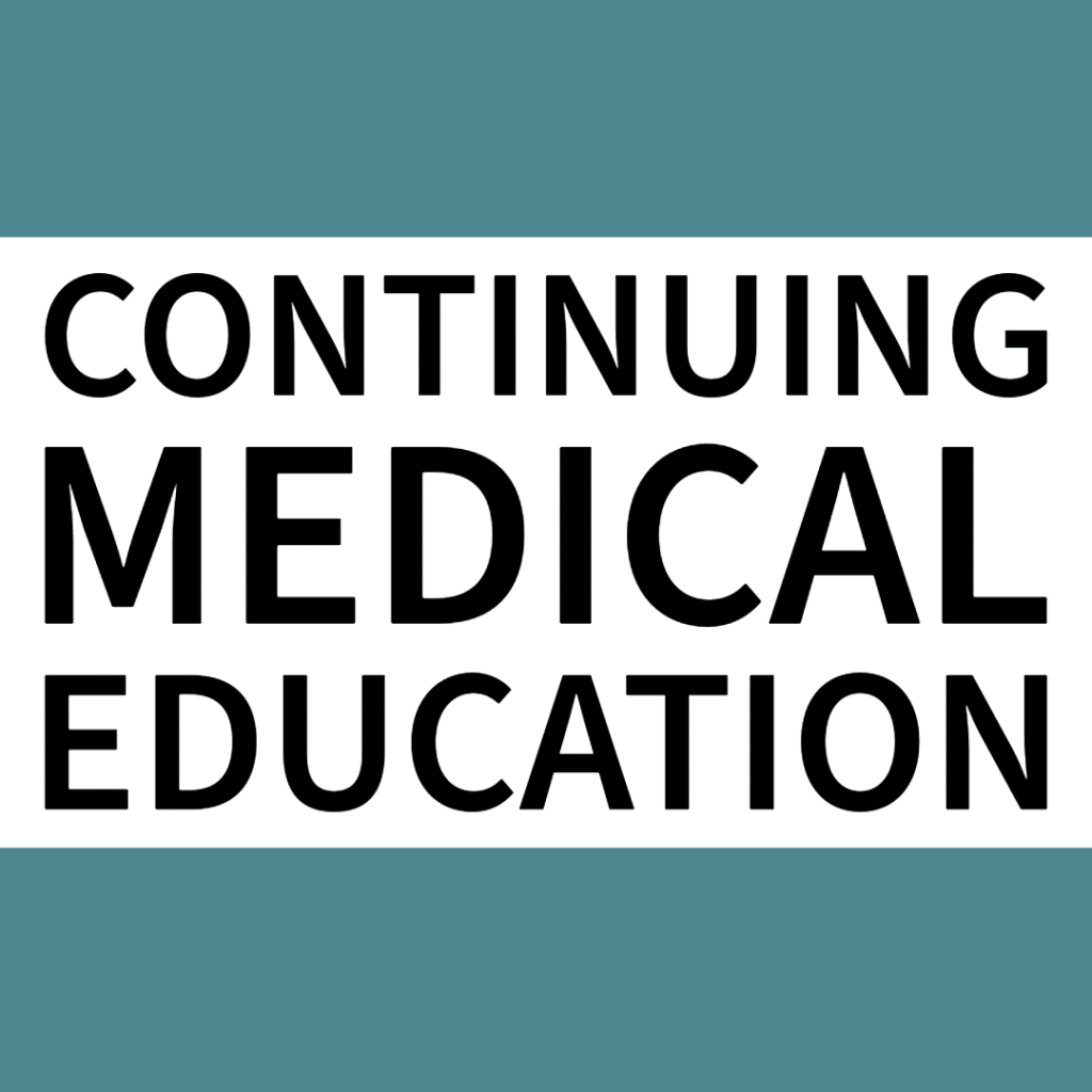 The image has the words Continuing Medical Education in bold black letters on a white background, bordered by teal bars at the top and bottom.