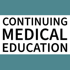 The image has the words Continuing Medical Education in bold black letters on a white background, bordered by teal bars at the top and bottom.
