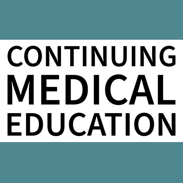 The image has the words Continuing Medical Education in bold black letters on a white background, bordered by teal bars at the top and bottom.