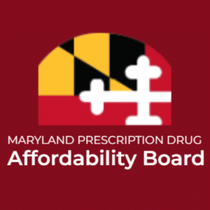Logo for the Maryland Prescription Drug Affordability Board with the Maryland flag design above the organizations name on a maroon background.
