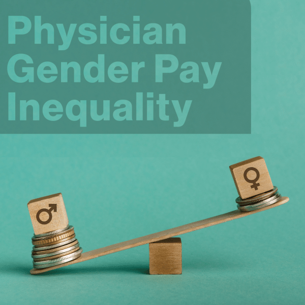 Uneven balance scale with male and female symbols on wooden blocks, each atop coin stacks. The male side is higher and has more coins, illustrating physician gender pay inequality. Text above reads Physician Gender Pay Inequality..