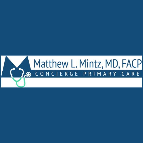 Logo for Matthew L. Mintz, MD, FACP Concierge Primary Care. It features a stylized M with a stethoscope and text on a white background with a blue border.