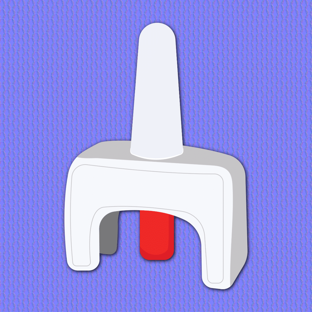 A naloxone nasal administration object - a white plastic object with a tall, narrow top and a rectangular base sits on a textured purple background; a red tab and a gray tab are visible beneath the base.