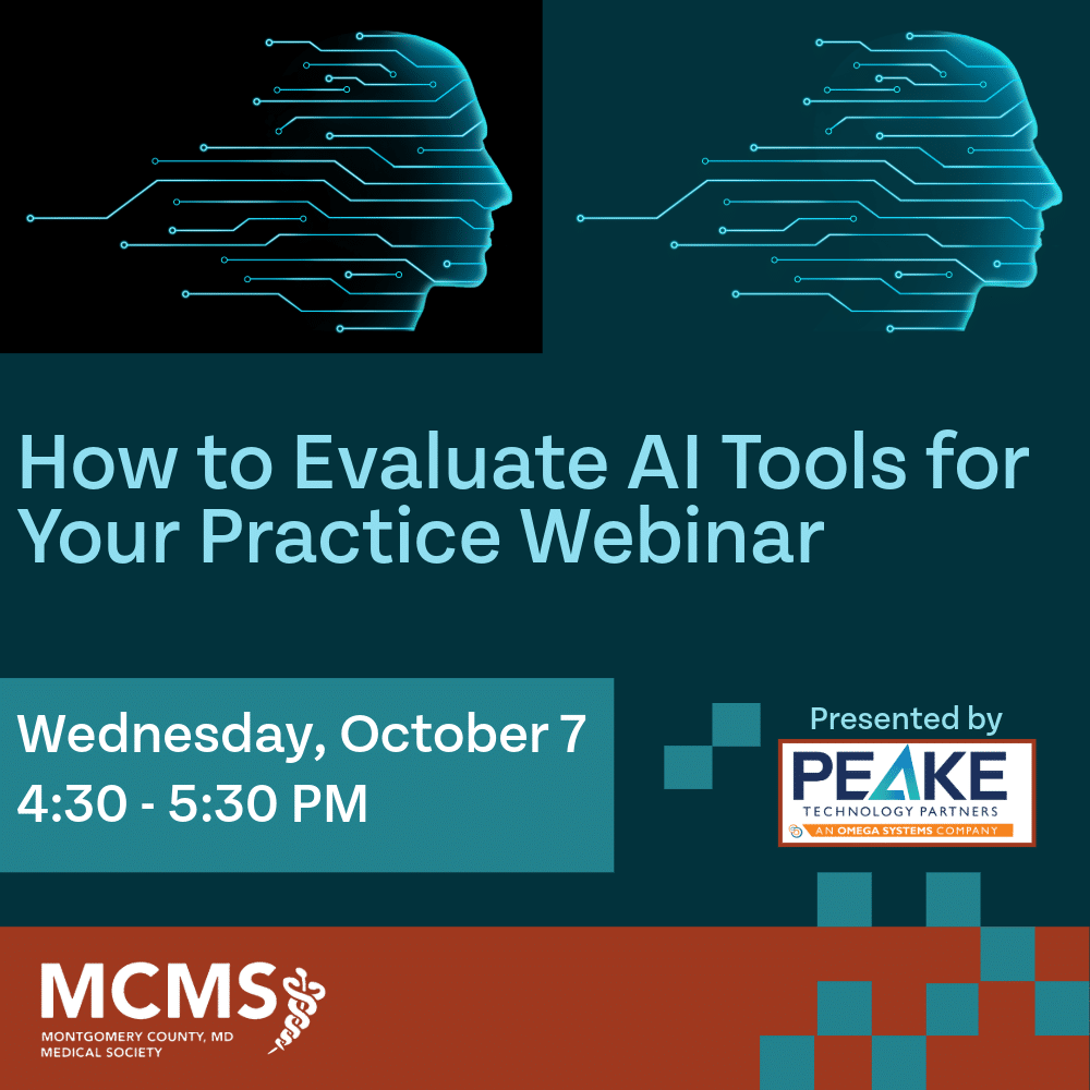 Webinar promo: How to Evaluate AI Tools for Your Practice, October 7, 4:30-5:30 PM, presented by PEAKE and MCMS. Two blue digital heads face each other above the event info.