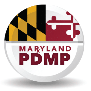 Round logo showing the Maryland state flag split diagonally, with the words Maryland PDMP in bold red letters below the flag design.