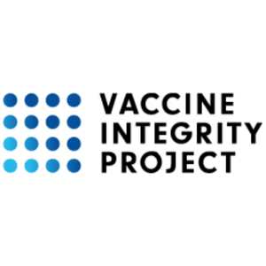 Logo with a grid of sixteen blue dots on the left, arranged in four rows, next to the text Vaccine Integrity Project in bold black letters on a white background.