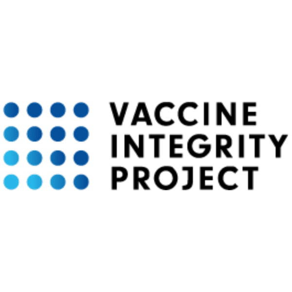 Logo with a grid of sixteen blue dots on the left, arranged in four rows, next to the text Vaccine Integrity Project in bold black letters on a white background.