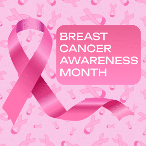 A large pink breast cancer awareness ribbon next to a text box that reads, Breast Cancer Awareness Month, against a background of smaller pink ribbons.