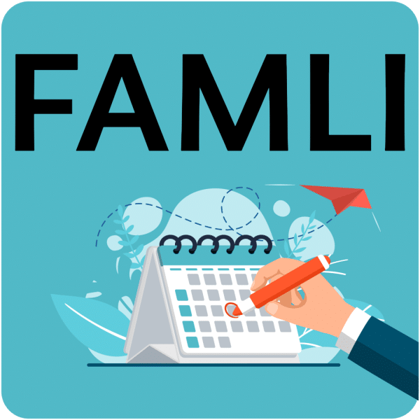 The word FAMLI in large black text above an illustration of a hand circling a date on a calendar with a red marker.