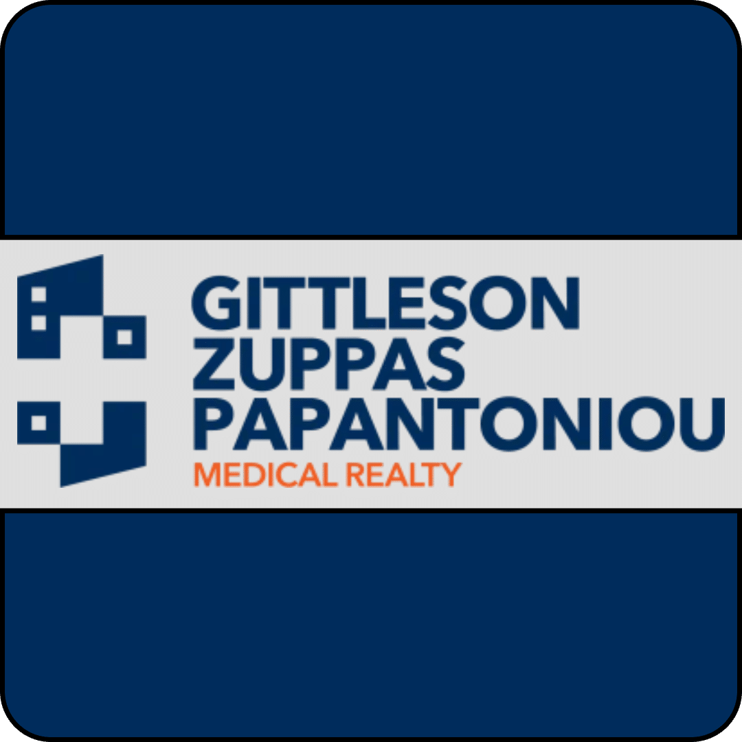 Logo for Gittleson Zuppas Papantoniou Medical Realty, featuring a graphic of geometric shapes forming a cross next to the company name.