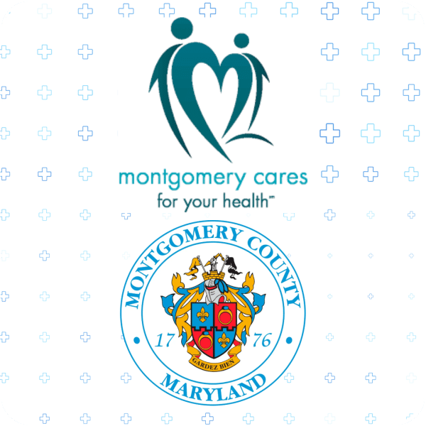 Montgomery Cares logo above the Montgomery County, Maryland official seal.