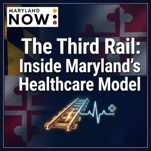 Podcast cover image with the Maryland flag background, text reading The Third Rail: Inside Marylands Healthcare Model, and graphics of a railroad track, a heartbeat line, and healthcare symbols.