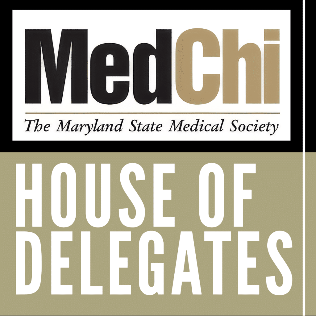 MedChi: The Maryland State Medical Society logo above large text reading House of Delegates on a tan and white background.